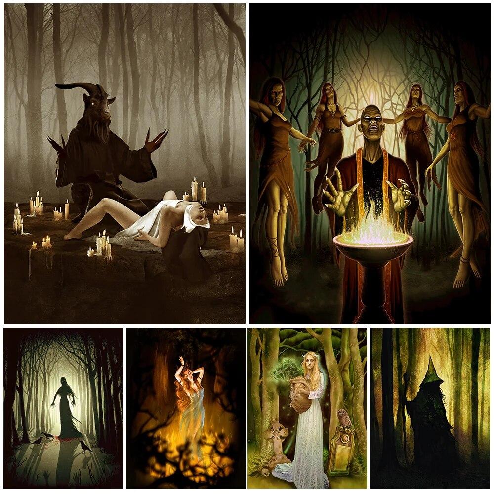 Forest Witches and Shadow Monsters, Vintage Murals On Canvas, Mysticism, Witchcraft, Paganism, Gothic Art Posters and Prints