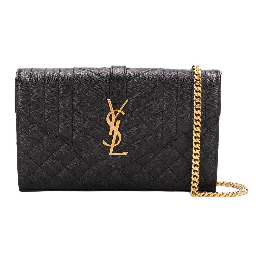 Saint Laurent Ysl Монограмма Золотой Логотип Зернистая Стеганая Кожаная Сумка Через Плечо на Цепочке Женские Сумки Черный 620280BOW911000