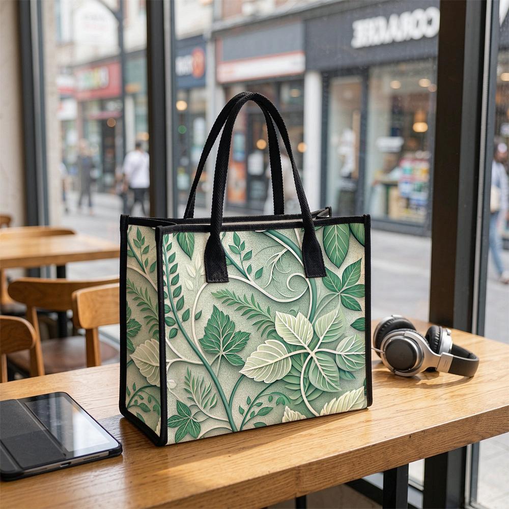 Elegant Green Leaf Print Daily Tote Bag for Outdoor Shopping Commute Casual Portable Handbag