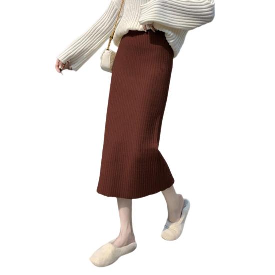 Women Knitting Skirt High Waist Back Slit Design Solid Color Midi Skirt Soft Breathable Thickened Warm Hip Wrapped Skirt
