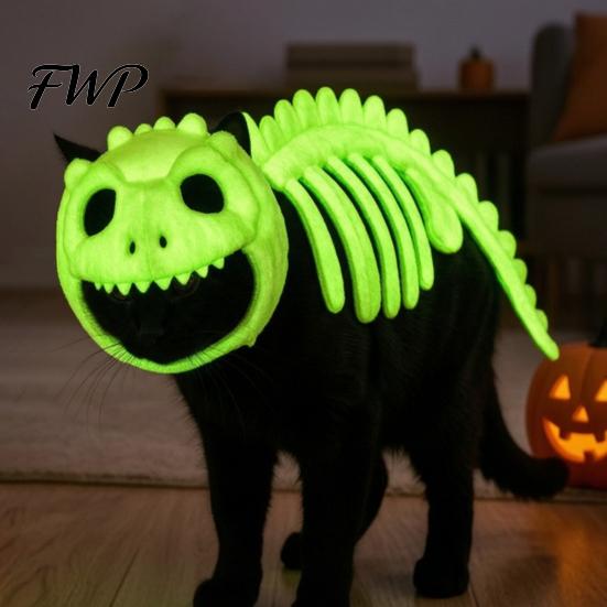Soft Plush Cat Outfit Dinosaur Skeleton Costume, Glow-in-the-dark Pet Outfit, Cute Cape for Cats Apparel Halloween, Cosplay Party Clothes
