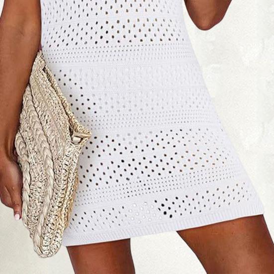 Women Knitting Beach Dress O-Neck Sleeveless Solid Color Cover Up Dress Side