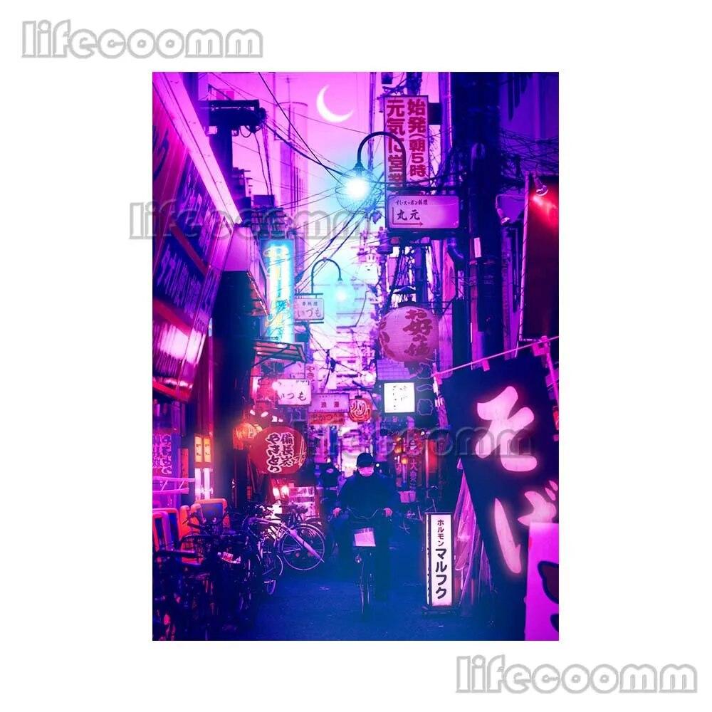 Аниме Город Неоновая Ночь 80-х годов Vaporwave Япония Город Уличный Плакат Настенное Искусство Холст Картины Настенные Панно Для Гостиной Домашний Декор Без Рамки