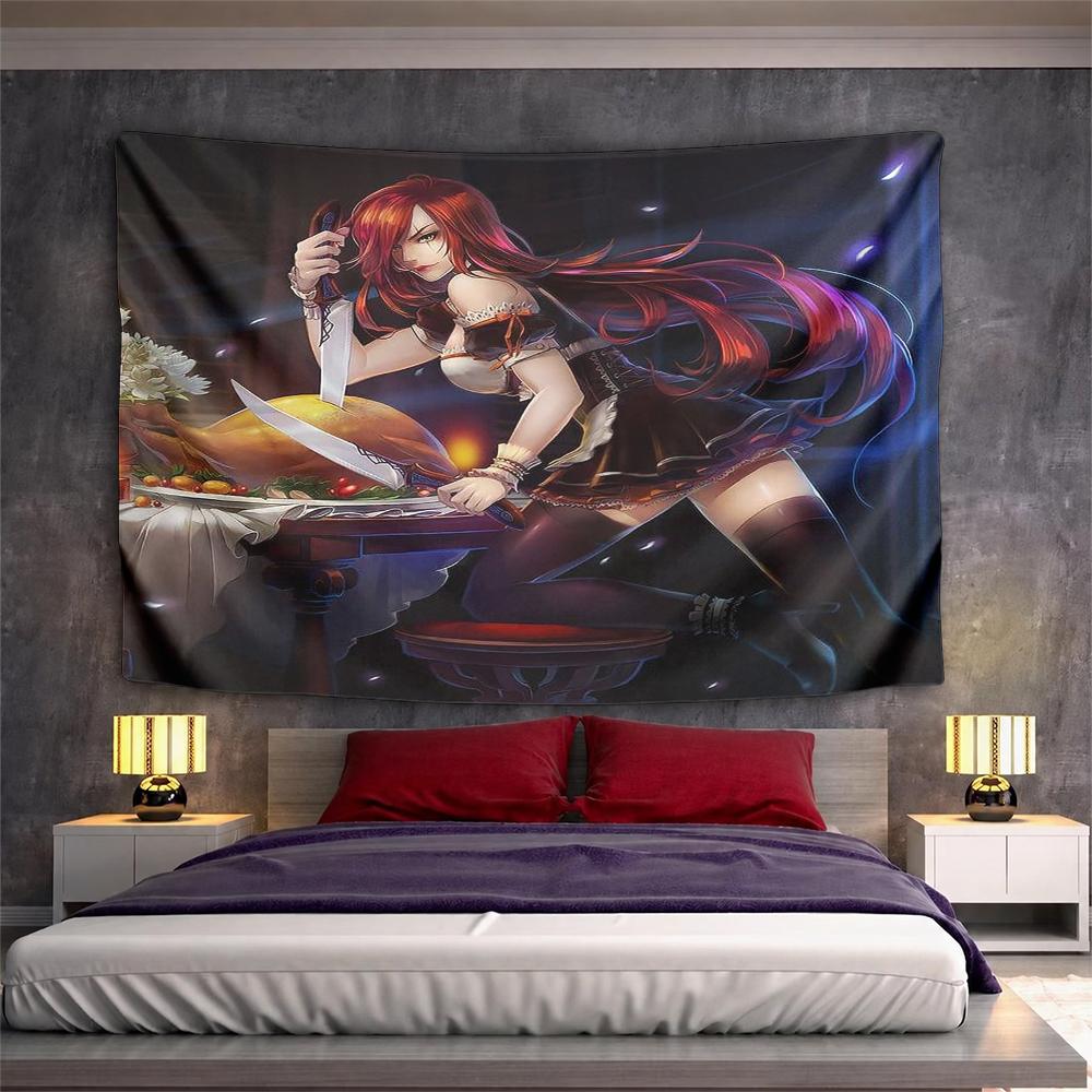 Fantasy Red Haired Anime Girl Maid Knives Carving Turkey Wall Tapestry Dark Game Art Decor for Bedroom Game Room