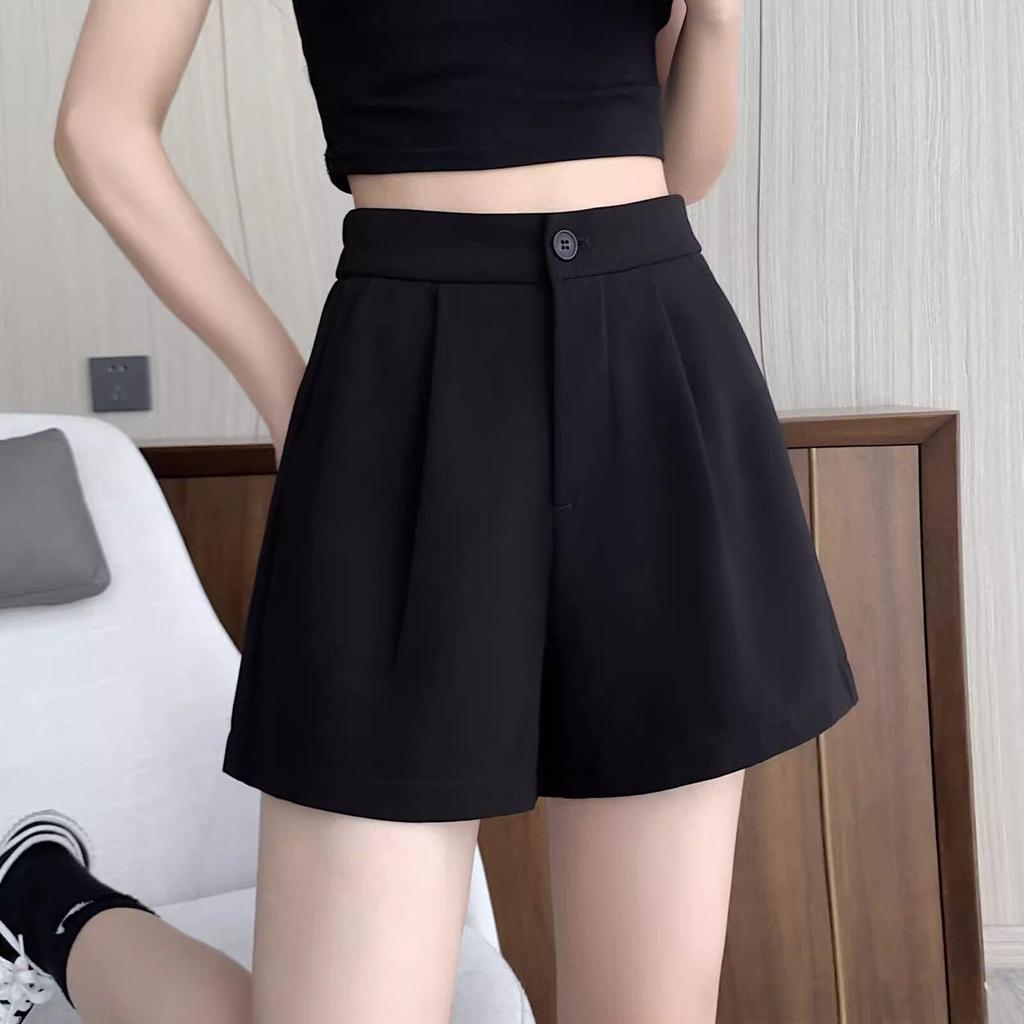 Women's Summer 2025 Black Wide-Leg A-Line High-Waist Elastic Capris Shorts