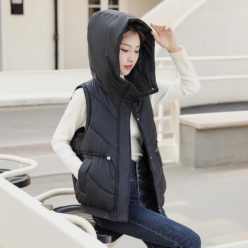 Women Autumn Winter Hooded Collar Sleeveless Solid Color Drawstring Warm Coat Vest