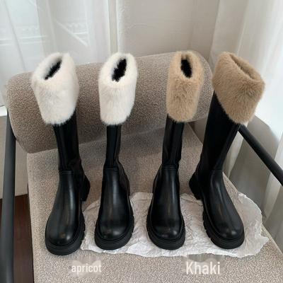 Женские высокие сапоги из молочно-белой овечьей шерсти, мягкая зимняя обувь 2024 года, выше колена для осени и зимы