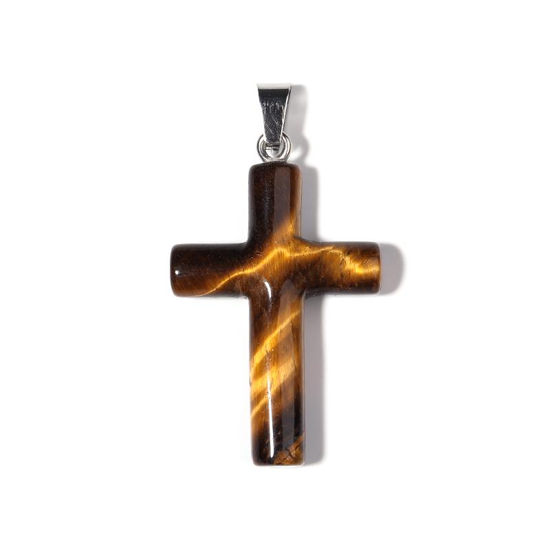 Natural Stone Cross Charm With Metal Loop Tiger Eye Opal Jewelry Prayer Pendant Necklace Making Accessories Diy Components