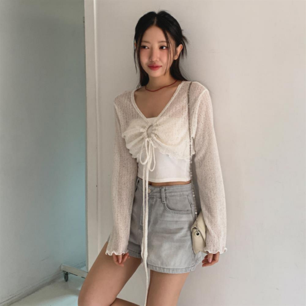 New Arrivals Open Run Women Ribbon Strap Sheer Short Cardigan Linen Bolero