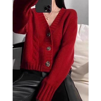 Осень и Зима V-образный вырез Новый Кардиган Женский Короткий Свитер Утолщенный Однотонный Вязаный Верхняя одежда Свободный Повседневный Простая Одежда
