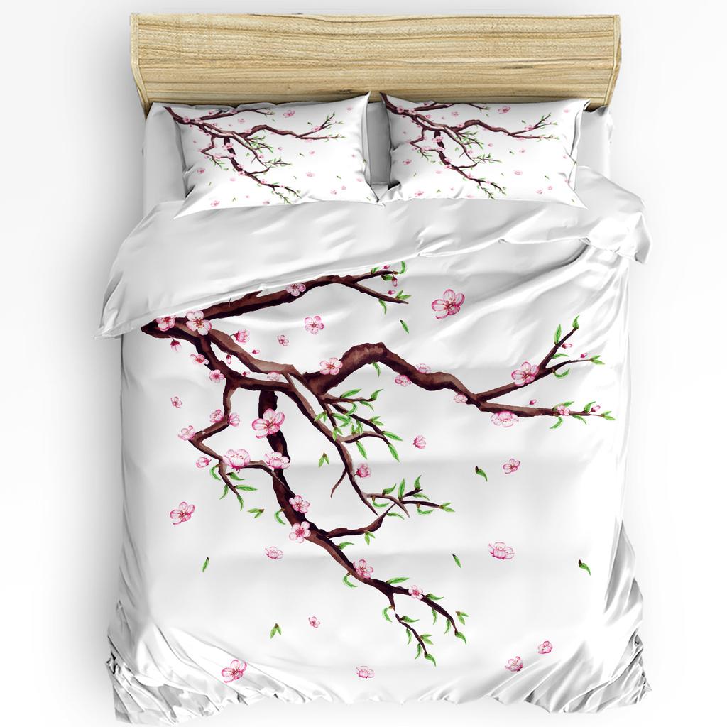 Комплект постельного белья в японском стиле с изображением сакуры и розовых цветов из 3 предметов для двуспальной кровати, домашний текстиль, пододеяльник, наволочка