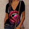 Women's 3D Floral Skull Print T-Shirt V Neck Short Sleeve Cool Street T-Shirt Oversized Clothes Casual Tops Summer 2024