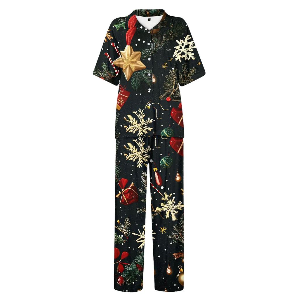 Женский рождественский пижамный комплект с принтом, женские короткие рукава, длинные брюки, комплект из двух предметов, застегивающийся на пуговицы, домашняя одежда