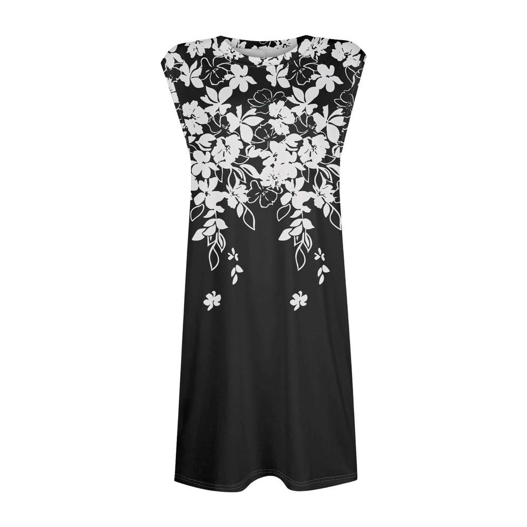 Женское повседневное и модное платье средней длины с круглым вырезом и без рукавов с принтом
