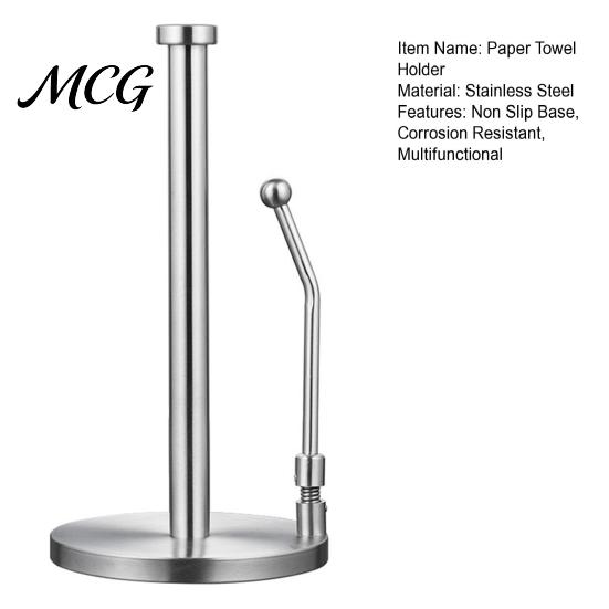 Heavy Base Paper Towel Dispenser Holder, Standing Weighted Non Slip Napkin Spring Anti-slip Holder Arm for Easy Tear, Stainless Steel Home Kitchen