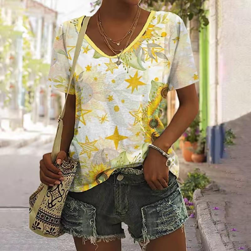 V-neck T-shirt Daily Fashion Tops Women's Short Sleeve Floral Printed Patterns Plus Size Loose Women's Clothing Outdoor T-Shirt