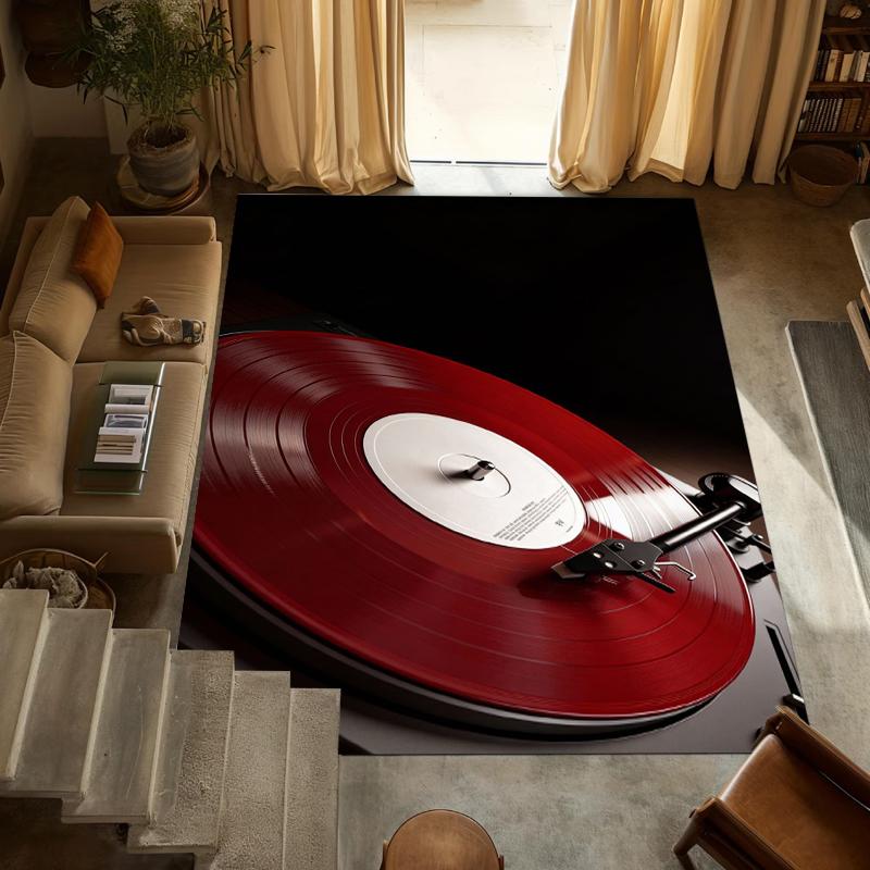 Retro Red Vinyl Record Player Area Rug Music Turntable Print Washable Non-Slip Carpet Doormat for Living Room Bedroom Studio