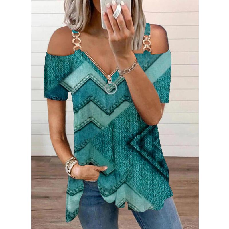 S-5XL женский топ с v-образным вырезом, полые футболки с принтом, повседневная футболка на молнии с короткими рукавами, летняя футболка