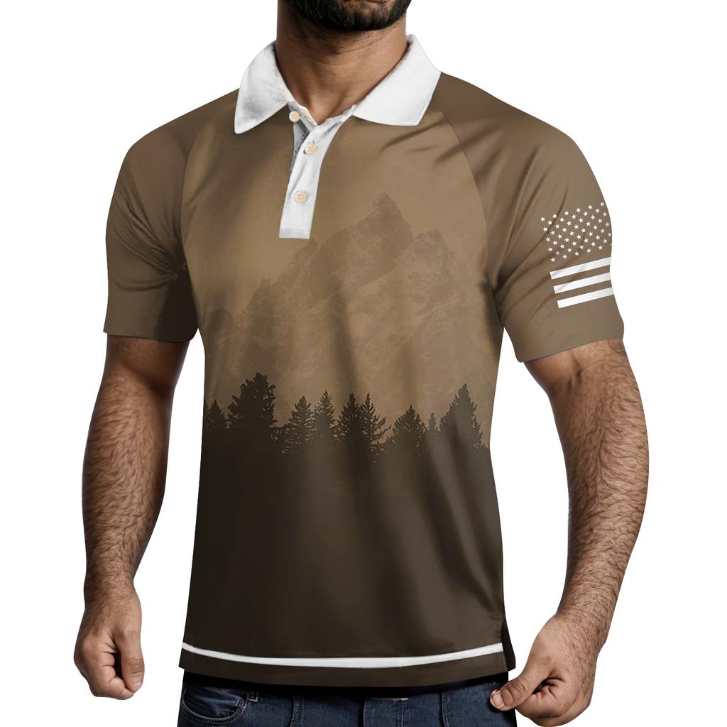 Men's Three Button Printed Lapel Short Sleeve Shirt Top