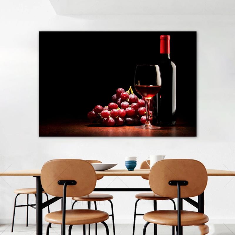 Плакаты и принты в виде стеклянных бутылок вина, картина на холсте, настенные художественные картины для столовой, домашний декор, деревянная бочка с виноградом, куадрос