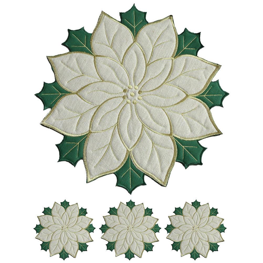 4Pcs Reusable Placemats Christmas Poinsettia Embroidery Insulated Table Mat Set Decorative Dinning Plate Mats for Home Holiday