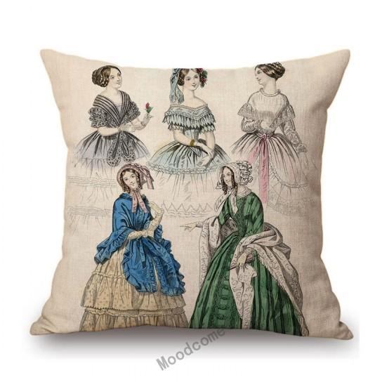 Antique Fashion Book Ettiquette Lady Dress European Costume Elegant Wear Cotton Linen Sofa Throw Pillow Case Chair Cushion Cover