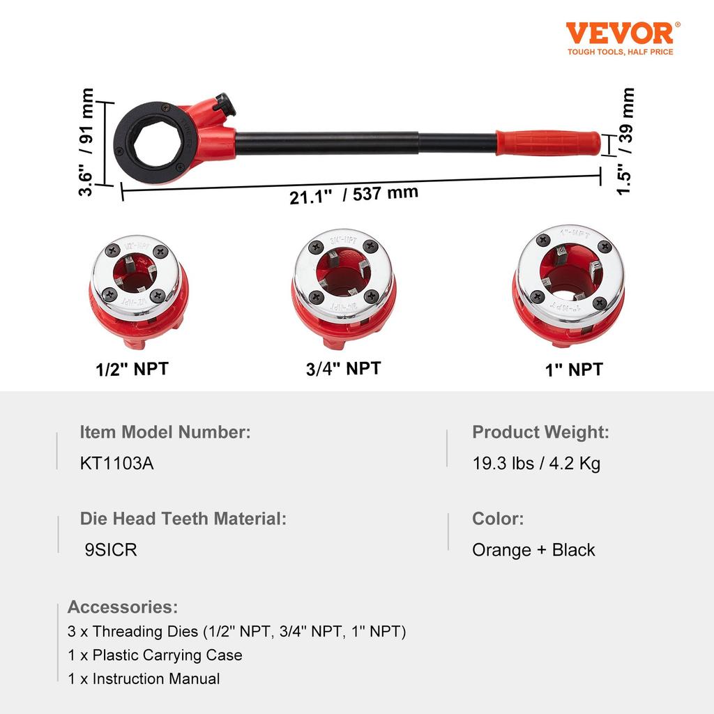 VEVOR Ratchet Pipe Threader Kit, 1/2" NPT, 3/4" NPT, 1" NPT Manual Ratcheting Pipe Threader