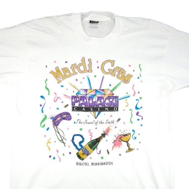 Винтажная футболка Mardi Gras 100% хлопок Мужские футболки Топ Мужской размер XL Белый 90-е Palace Biloxi Сделано в США