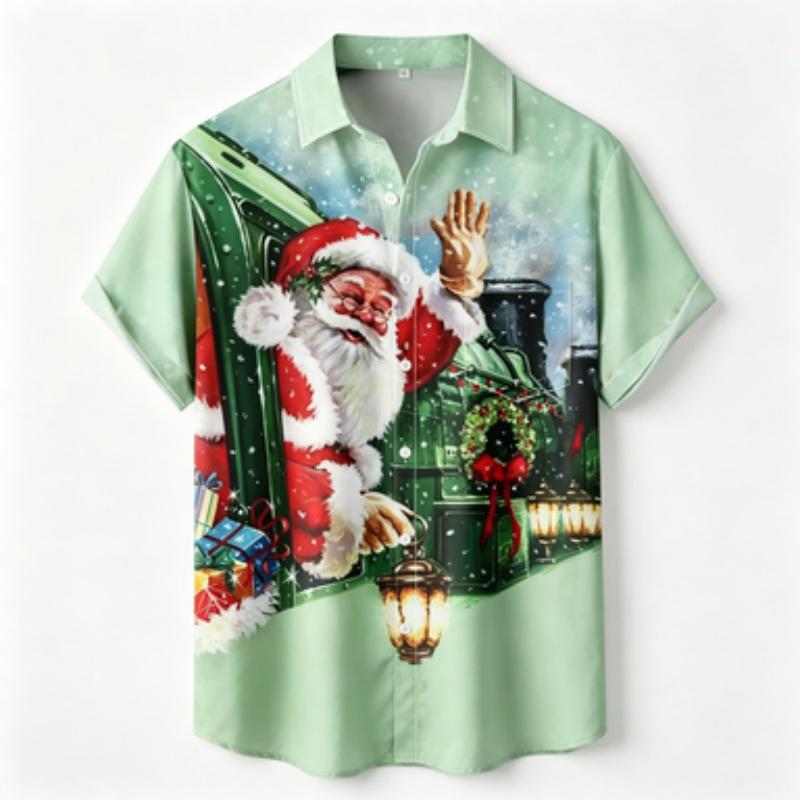Men's short sleeved shirt Christmas train Santa Claus printed short sleeved shirt Business casual men's holiday painted printed