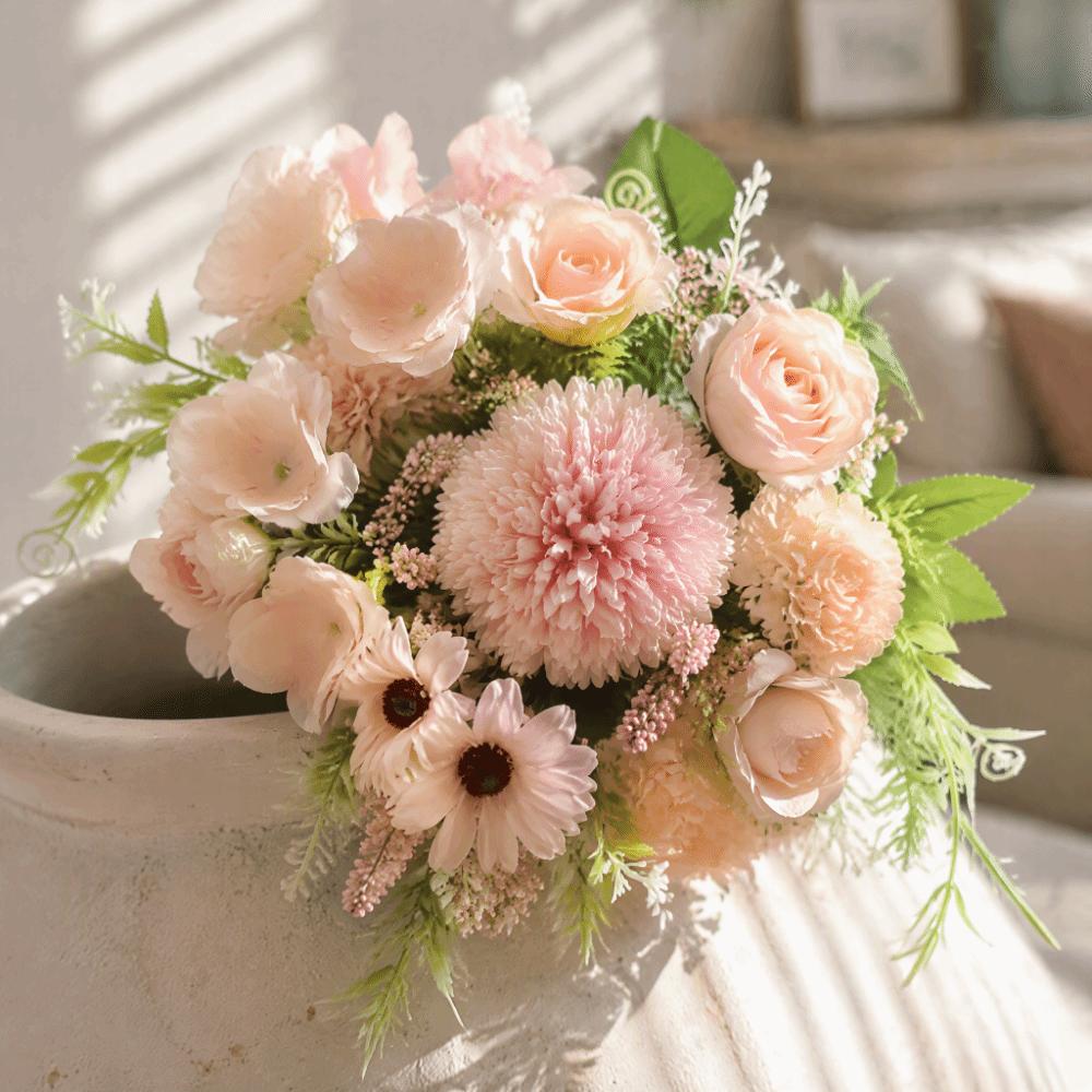 Fabric Material Artificial Flower Bouquet 12.2 X 7.5in Pink Faux Flower Decoration Mixed Floral Design Plastic Stem