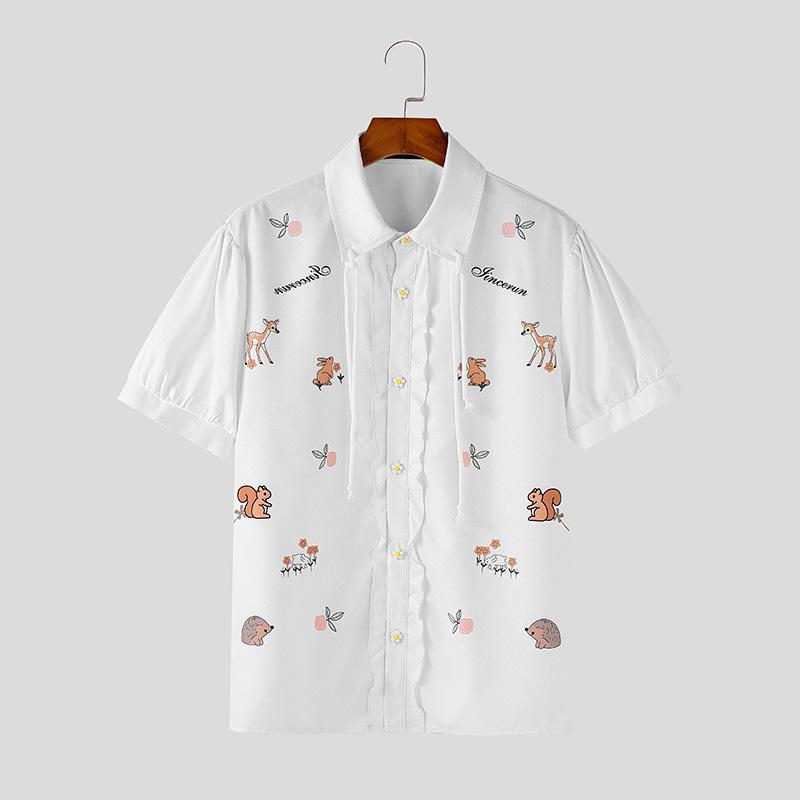 INCERUN Летние мужские повседневные праздничные топы с коротким рукавом и цветочным принтом с лацканами, футболки