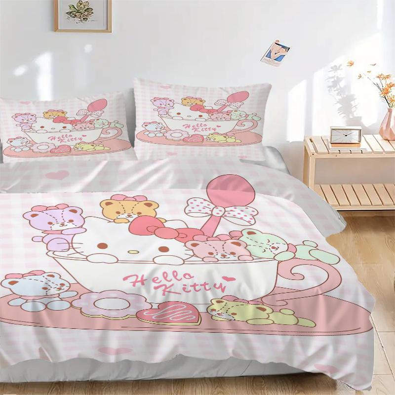 3pcs Sanrio Hello Kitty & Colorful Bear Bedding Set - 1 Soft Quilt Cover + 2 Pillowcases, Machine Washable - Suitable for All Seasons, Perfe