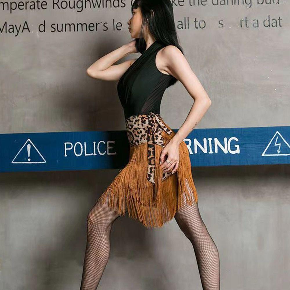 Tassel Latin Dance Skirt Leopard Print Rumba Dance Skirt Fashion Performance Costume  for Women