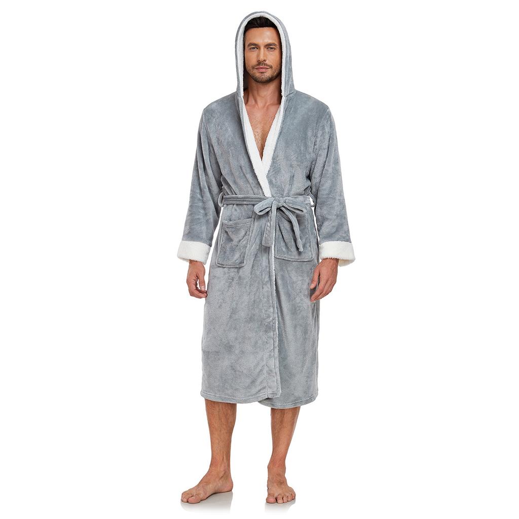 Hooded Robes for Men Full Length Spa Bathrobes Soft House Sleepwear Coat with Hood and Pockets Men's Winter Warm Plush Fleece Robe Hooded Fluffy Robes