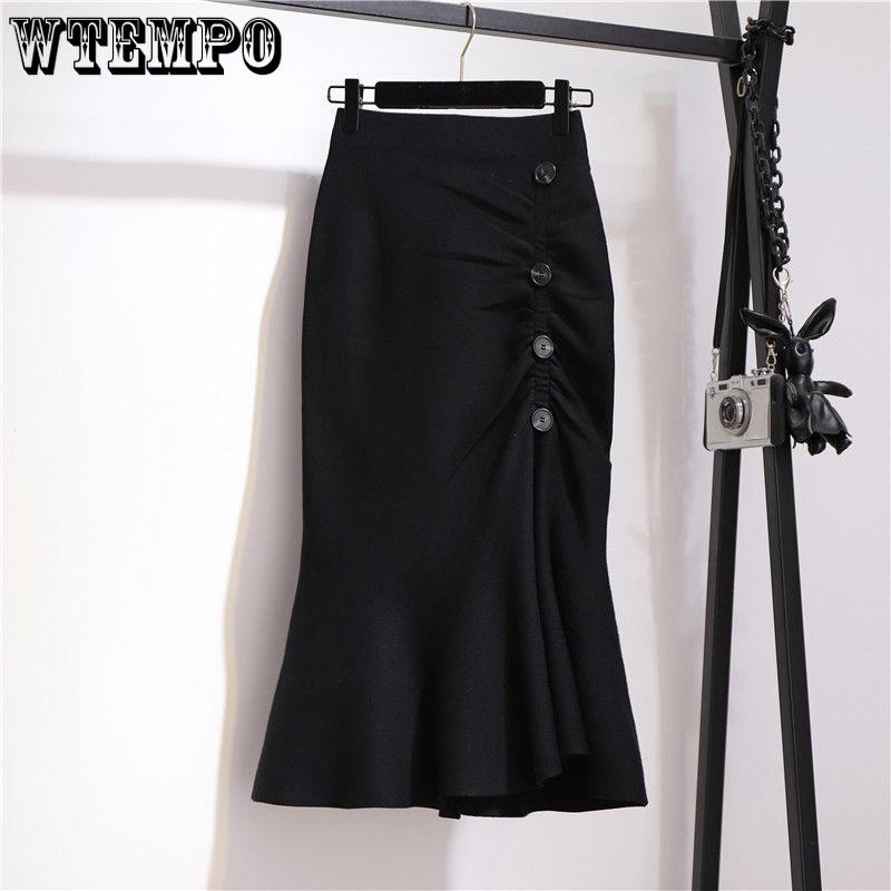 Весенняя шикарная плиссированная юбка на бедрах нерегулярной формы, женская элегантная тонкая юбка средней длины с разрезом на пуговицах и рыбий хвост