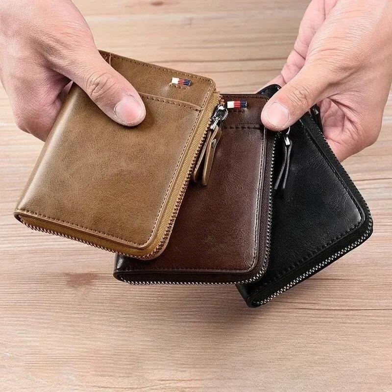 Leather Mens Wallet Business Card Holder Zipper Purse Luxury Wallets for Men RFID Protection Purses