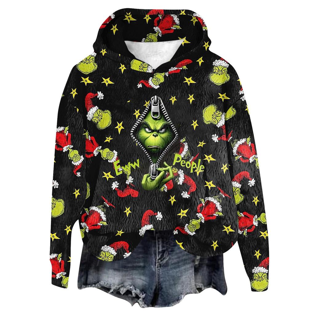 Women's Hooded Long Sleeve Christmas Printed Flannel Top Hooded Sweatshirt