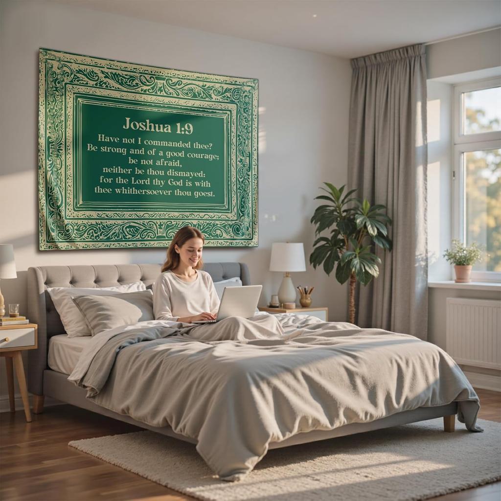 NIPINUS Christian Wall Tapestry with Bible Verses - Joshua1:9,Large tapestry wall hanging,Green Retro Motivational Flags Tapestry for Bedroom, Dorm,