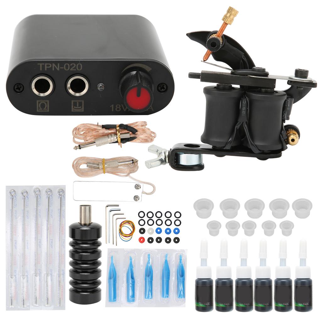 Complete Starter Tattoo Kit Professional Coil Tattoo Machine Power Supply 6 Ink Needles Grips