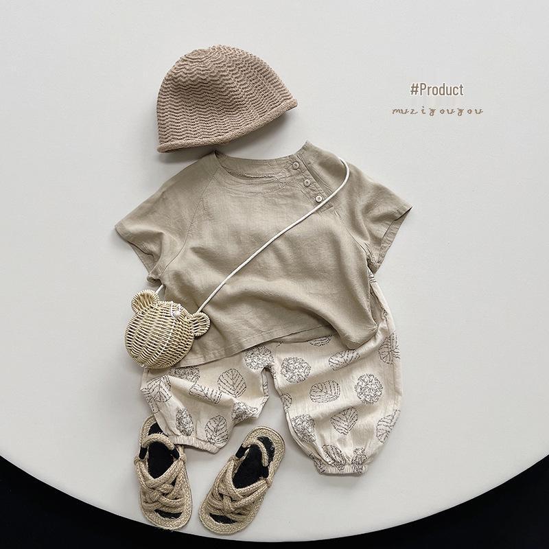 Детская летняя хлопково-льняная блузка 2025 года - футболка с коротким рукавом в корейском и японском стиле для мальчиков и девочек