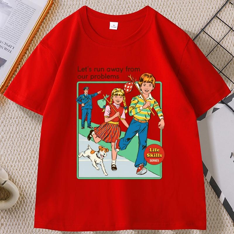 Lets Run Away Graphic T Shirts Crewneck Vintage Short Sleeve Unisex WOMEN Tee Shirt Unisexs Designer Clothing Streetwear Tops