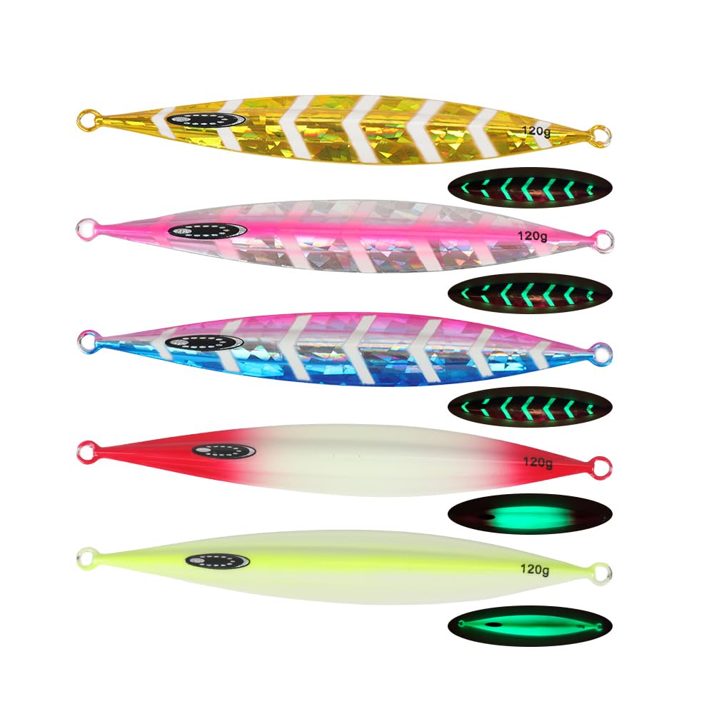 Tolure 120g Slow Sinking Jig, All 5 Colors,Laser Foil, Glow in the Dark, Offshore Jigging Lure, for Tuna, Mackerel, Aji, Saba, 1pc