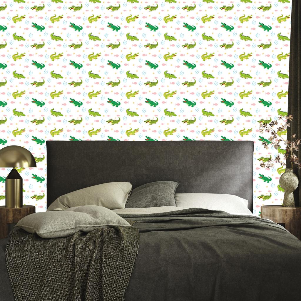 Crocodile wallpaper white, lime, green and cream 50x1000