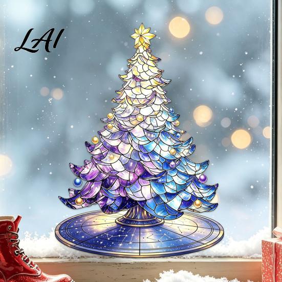 Colorful Tree Wall Art Stained Glass Style Christmas Static Window Cling Gradient Starry Sky Decorative Atmosphere Accents Xmas Sticker Reusable PVC