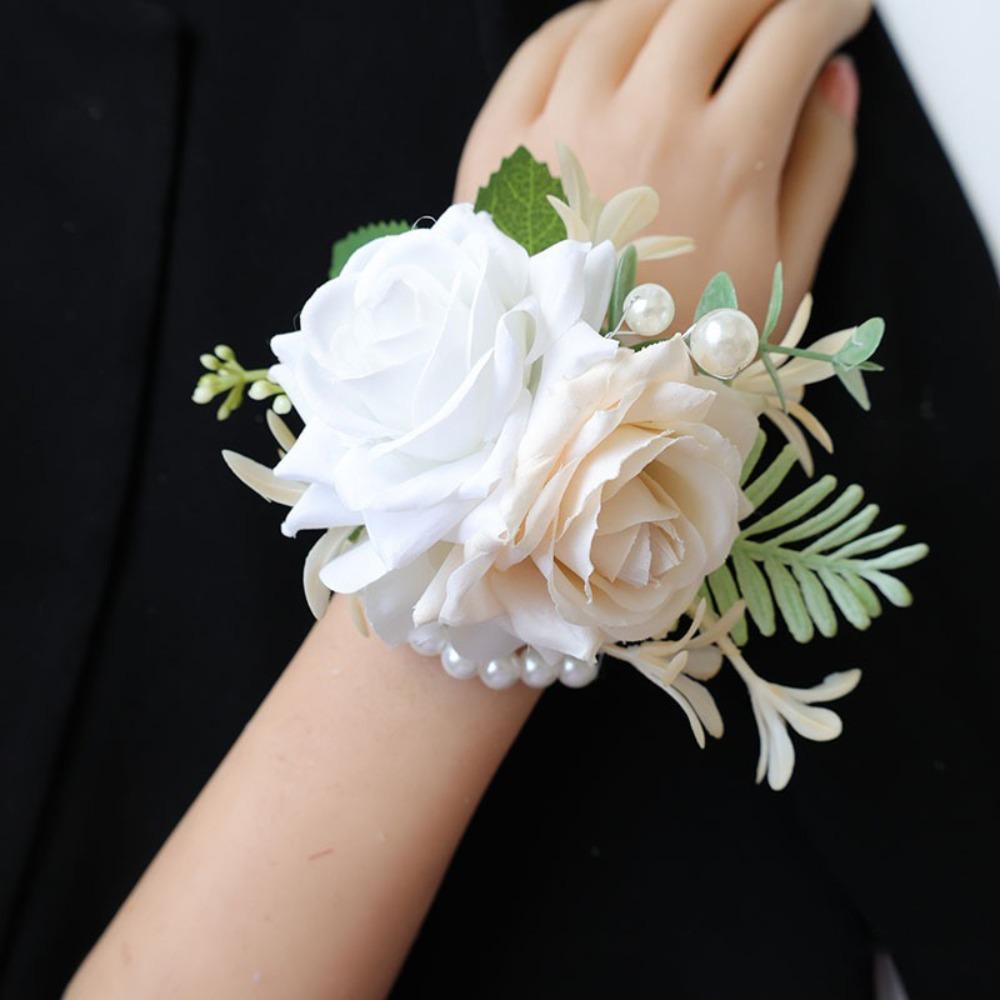 Light Yellow White Wrist Corsage Bracelet Silk Material Silk Rose Brooch Bridesmaid Gift