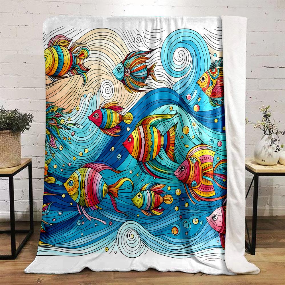 Colorful Tropical Fish in Ocean Waves Patterned flannel blanket perfect for the bedroom living room, sofa, or a little nap