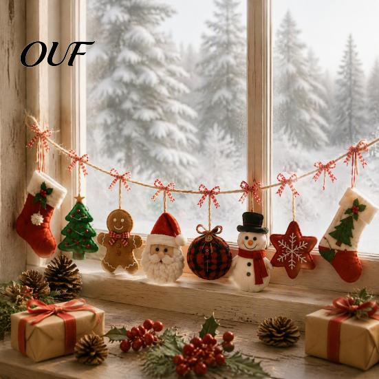 Seasonal Atmosphere Creation Supplies Christmas Garland, Resin Snowman Gingerbread Man Tree Santa Banner with Red Plaid Hanging Ornaments for
