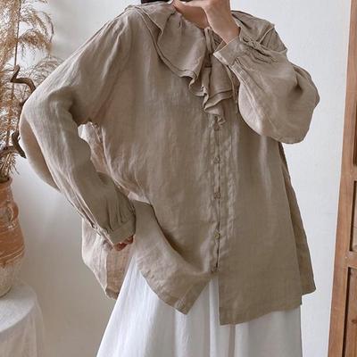 Льняные женские рубашки с большим воротником и оборками, весна-осень, однотонные свободные винтажные универсальные женские блузки на пуговицах