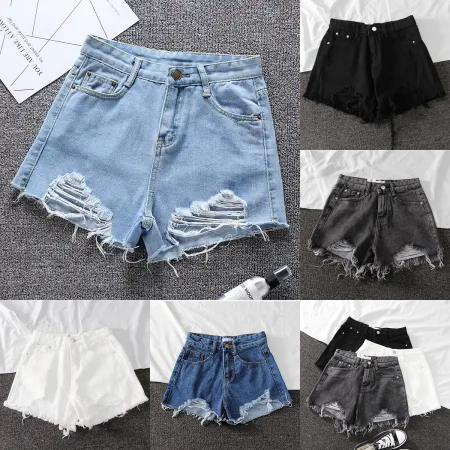 Denim High Waist Shorts With Ripped Fringe For Urban Style And Casual Summer Wear