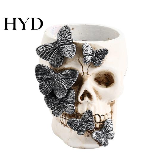 Multifunctional Skull Decor Gothic Butterfly Pen Holder, Spooky Resin Makeup Brush Holder Halloween Tea Light Candle for Desk, Shelf Planter And